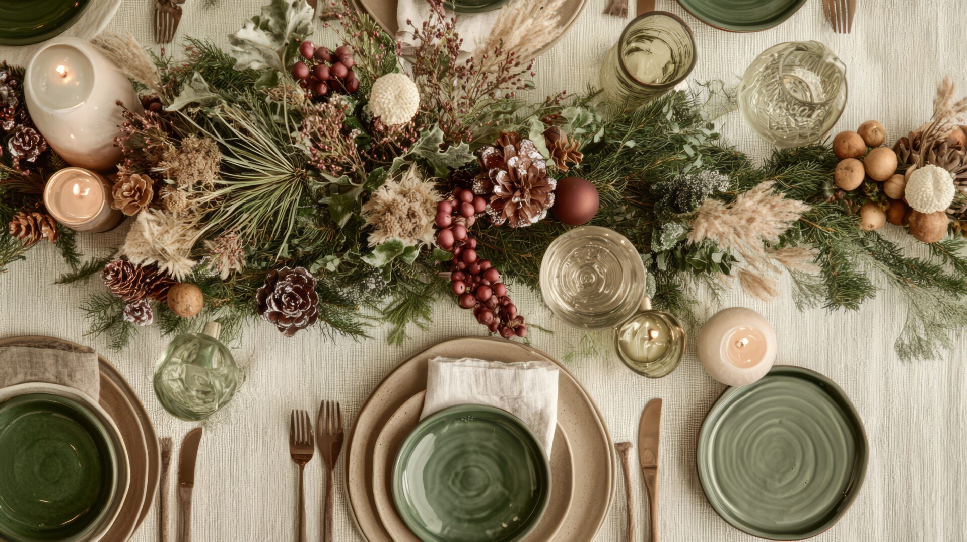 Christmas table set up, festive floral arrangement